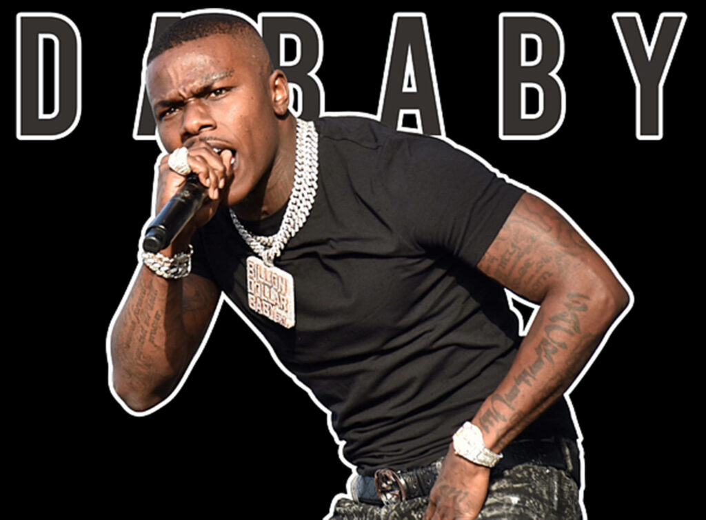 DaBaby intense performance digital art wallpaper with bold black background and white text