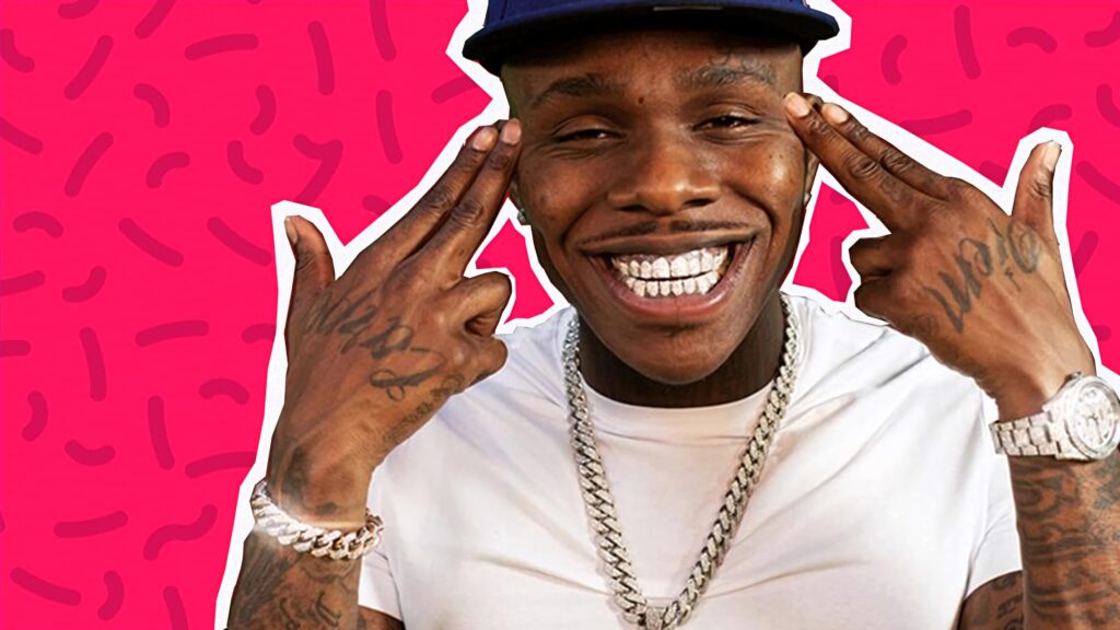 DaBaby rapper close-up smiling with jewelry tattoos cap on vibrant pink abstract hip-hop wallpaper