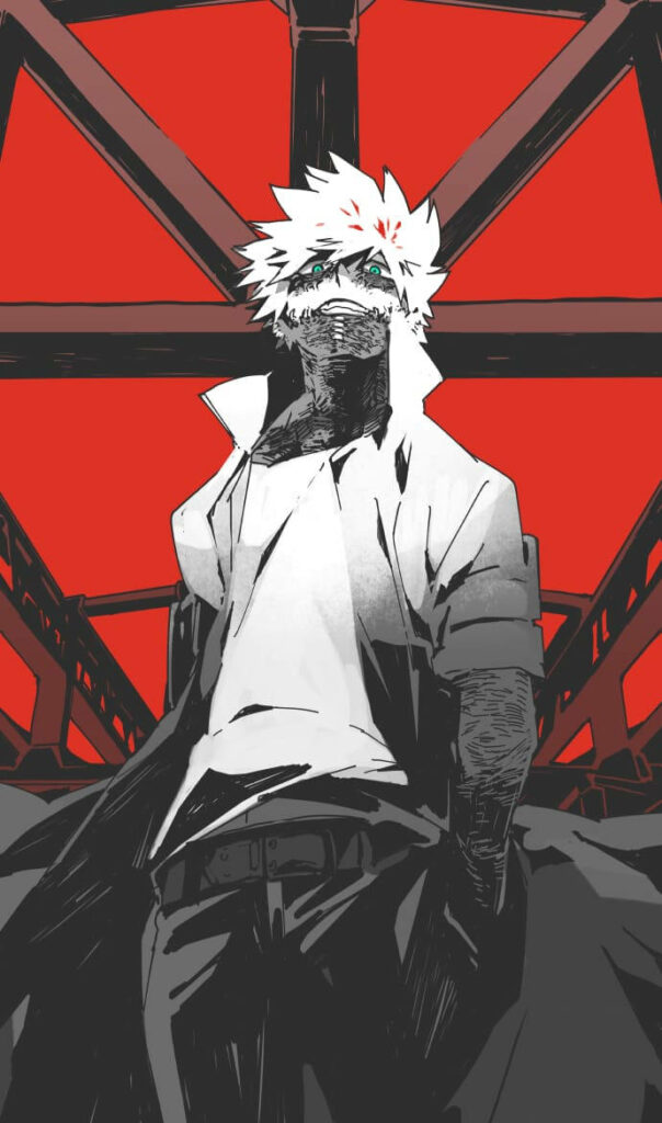 Dabi My Hero Academia wallpaper red background intense expression sharp monochrome style