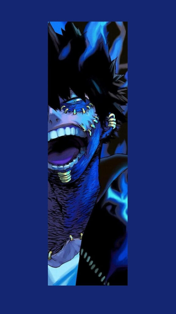 Dabi from My Hero Academia close up with stitched face and vibrant blue flames dark wallpaper