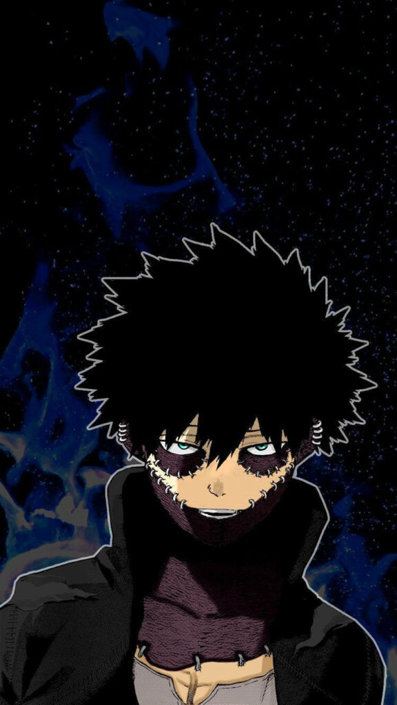 Dabi from My Hero Academia with blue flames and stitched scars against starry night sky wallpaper
