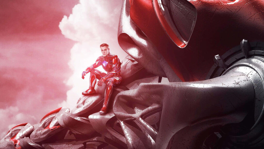Dacre Montgomery in futuristic sci-fi armor on mechanical structure with dramatic cloudy sky background Wallpaper