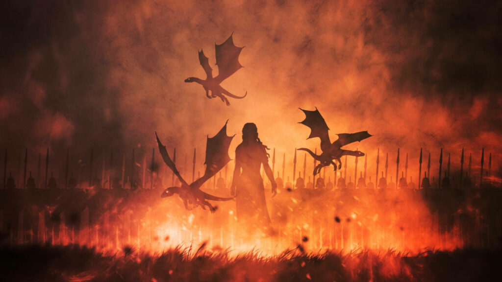 Daenerys Targaryen silhouette with blazing flames and dragons intense fiery wallpaper background