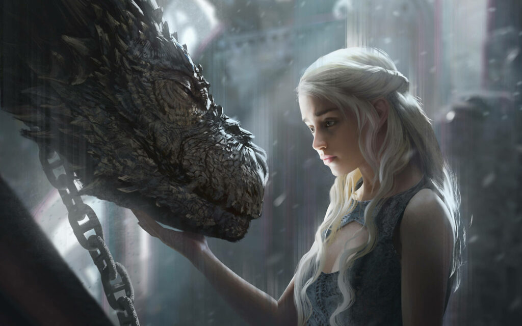 Daenerys Targaryen with dragon in misty dramatic setting showing emotional bond wallpaper