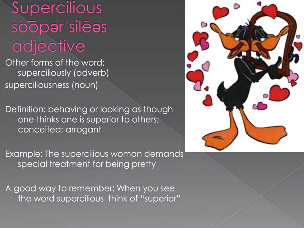 Daffy Duck with floating red hearts and bold pink supercilious word definition wallpaper background
