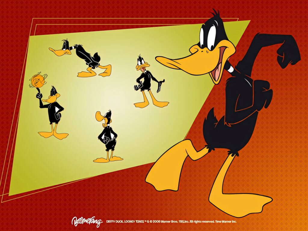 Daffy Duck vibrant cartoon wallpaper with bold red orange background playful retro animation style