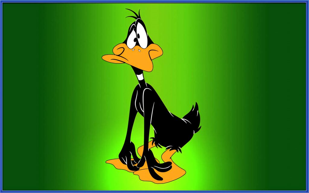 Daffy Duck cartoon character standing on vibrant green gradient wallpaper background colorful
