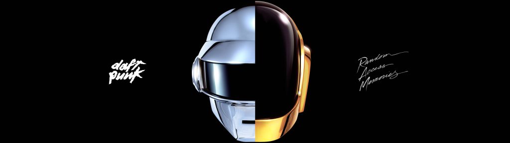 Daft Punk 4K wallpaper split silver gold helmets Random Access Memories minimalist black background