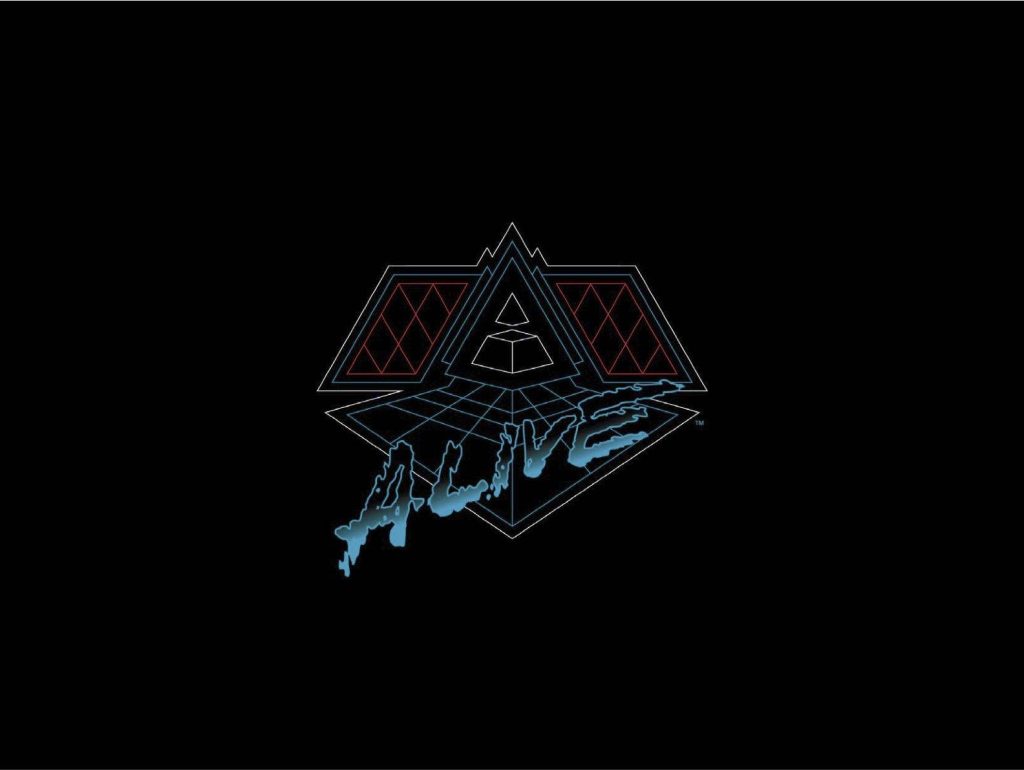 Daft Punk Alive HD wallpaper with pyramid graphic red grid and metallic blue typography on black