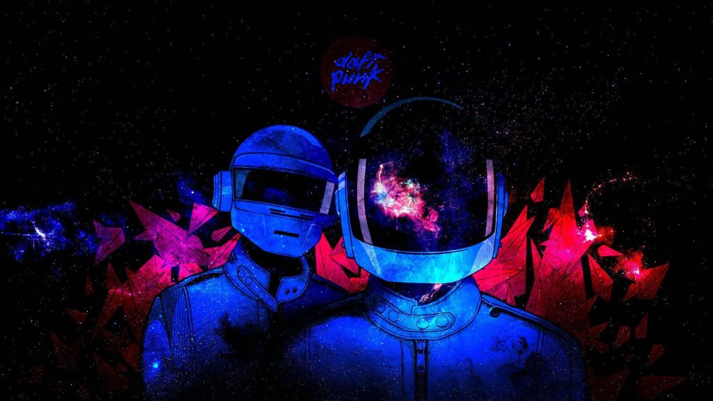 Abstract Daft Punk cosmic wallpaper with nebula helmets and magenta shards on starry black backdrop
