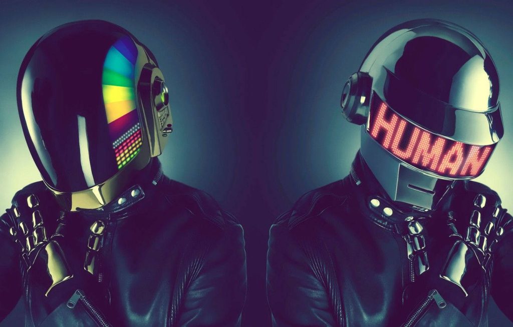 Daft Punk electronic duo in studded jackets with glowing helmets rainbow spectrum and HUMAN text Wallpaper