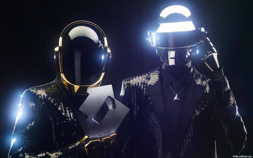 Daft Punk HD wallpaper iconic robotic helmets sequined blazers futuristic style black background