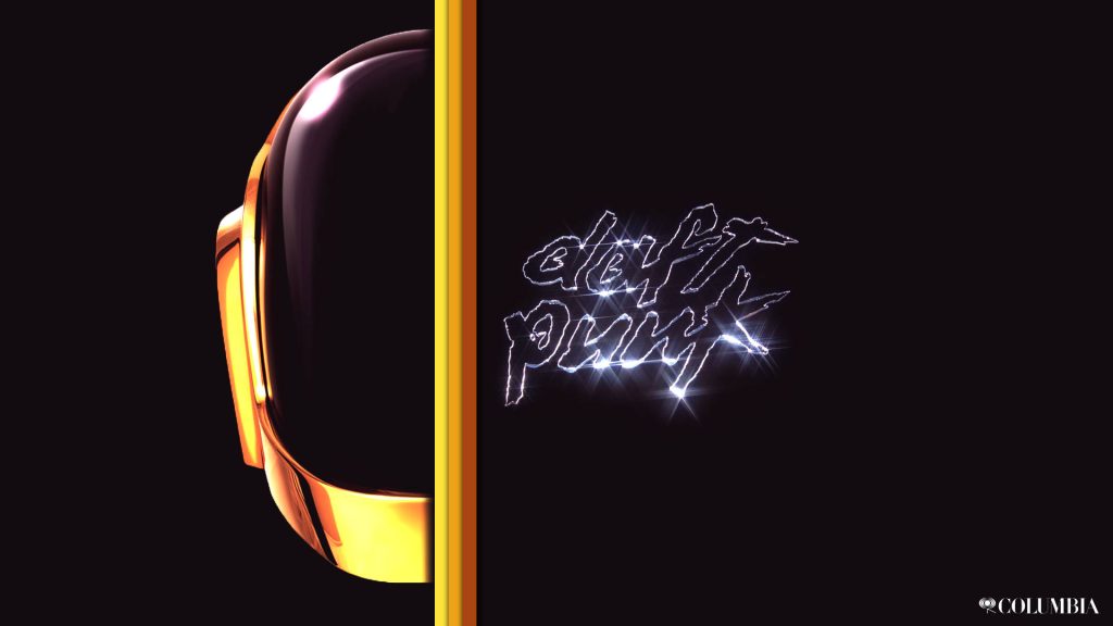 Daft Punk Gold HD wallpaper featuring Guy-Manuel golden helmet and metallic band logo on black background