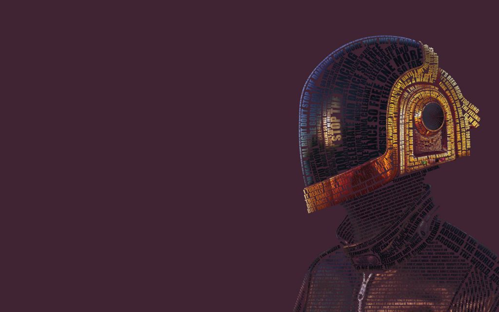 Daft Punk gold helmet silhouette made from song lyrics on dark purple electronic music wallpaper