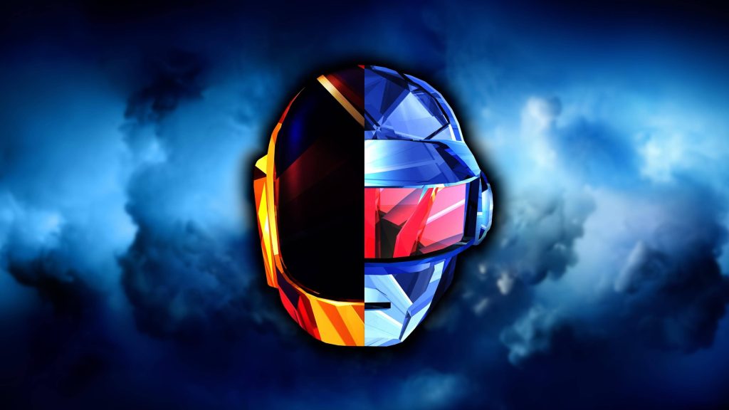 Daft Punk helmet wallpaper faceted gold and blue split-face on dark moody futuristic background