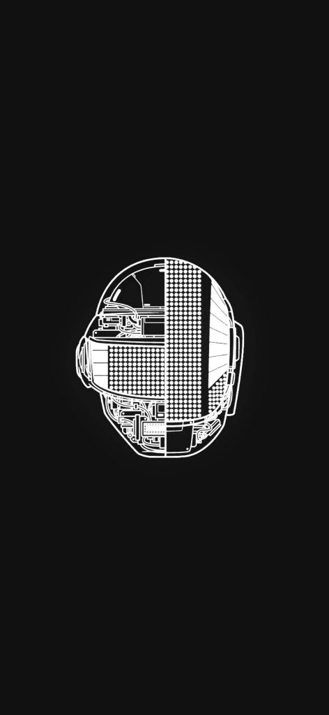 Minimalist Daft Punk helmet wireframe with intricate circuitry on black futuristic background Wallpaper