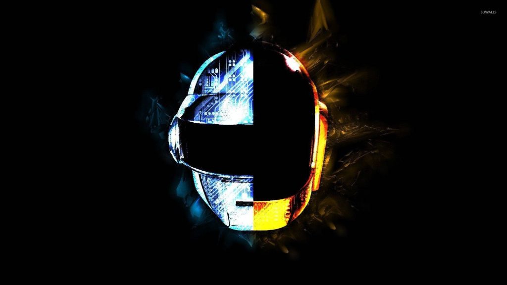 Daft Punk robot helmet with blue circuitry and golden glow on black futuristic digital wallpaper