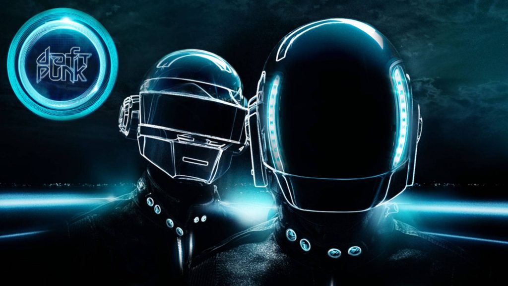 Daft Punk wallpaper with blue neon robot helmets on dark futuristic background electronic music
