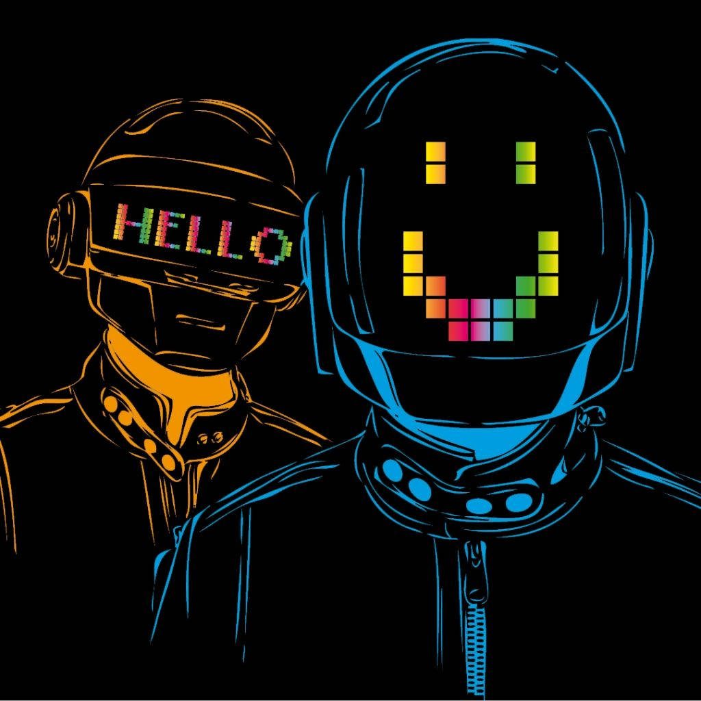 Daft Punk neon helmets digital illustration with pixelated hello and smiley face on black background Wallpaper