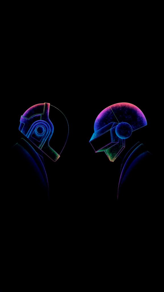 AMOLED Daft Punk wallpaper neon helmets glowing blue pink green minimalist digital art background