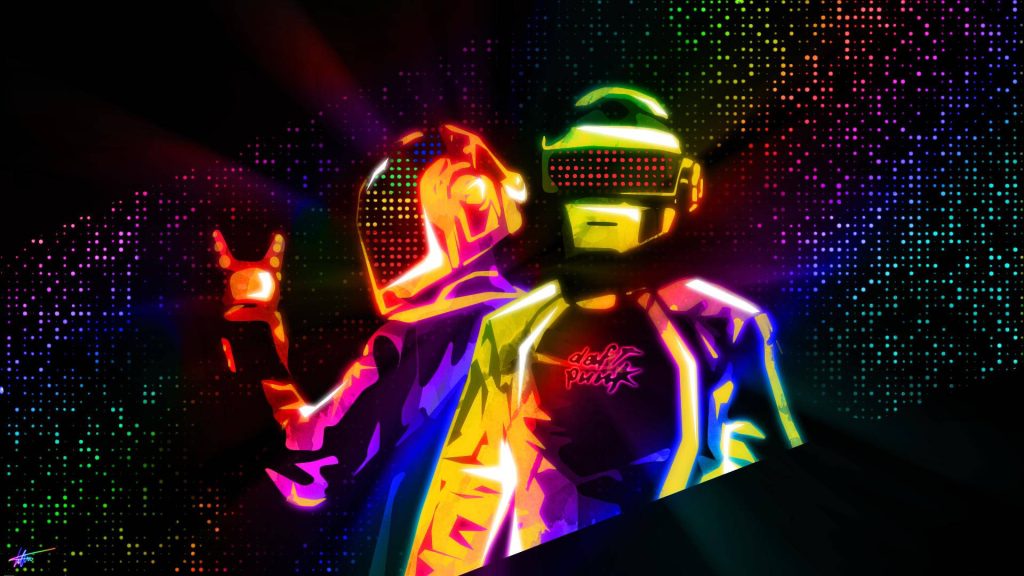 Daft Punk neon RGB helmets glowing on dark dot matrix retro-futuristic digital art wallpaper