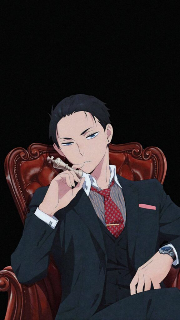 Daisuke Kambe from Fugou Keiji Balance Unlimited in sharp suit holding chess piece on red black wallpaper