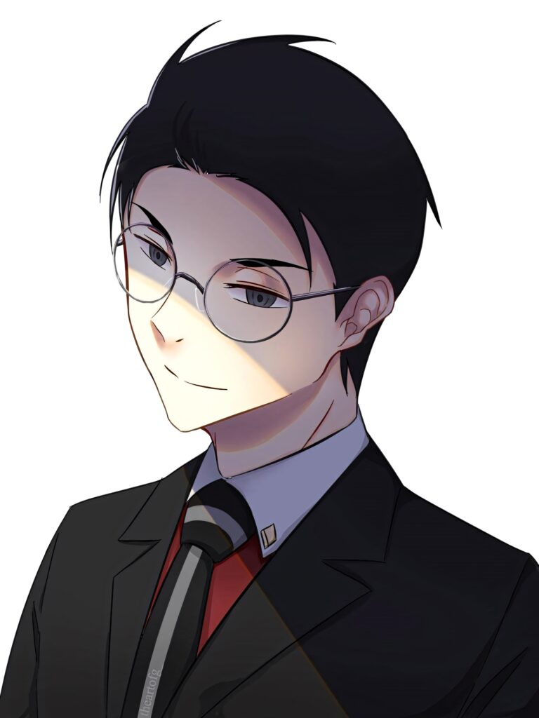 Daisuke Kambe in sharp black suit red shirt striped tie polished anime fanart wallpaper background