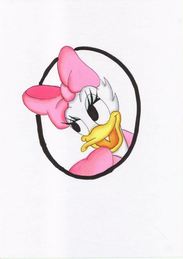 Daisy Duck cartoon wallpaper pink bow dress black oval frame white background cheerful decor