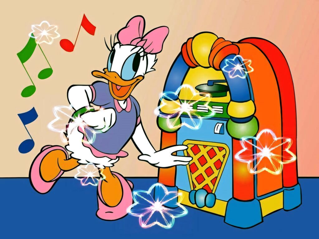 Daisy Duck dancing by vintage radio with bright musical notes and glowing floral wallpaper background