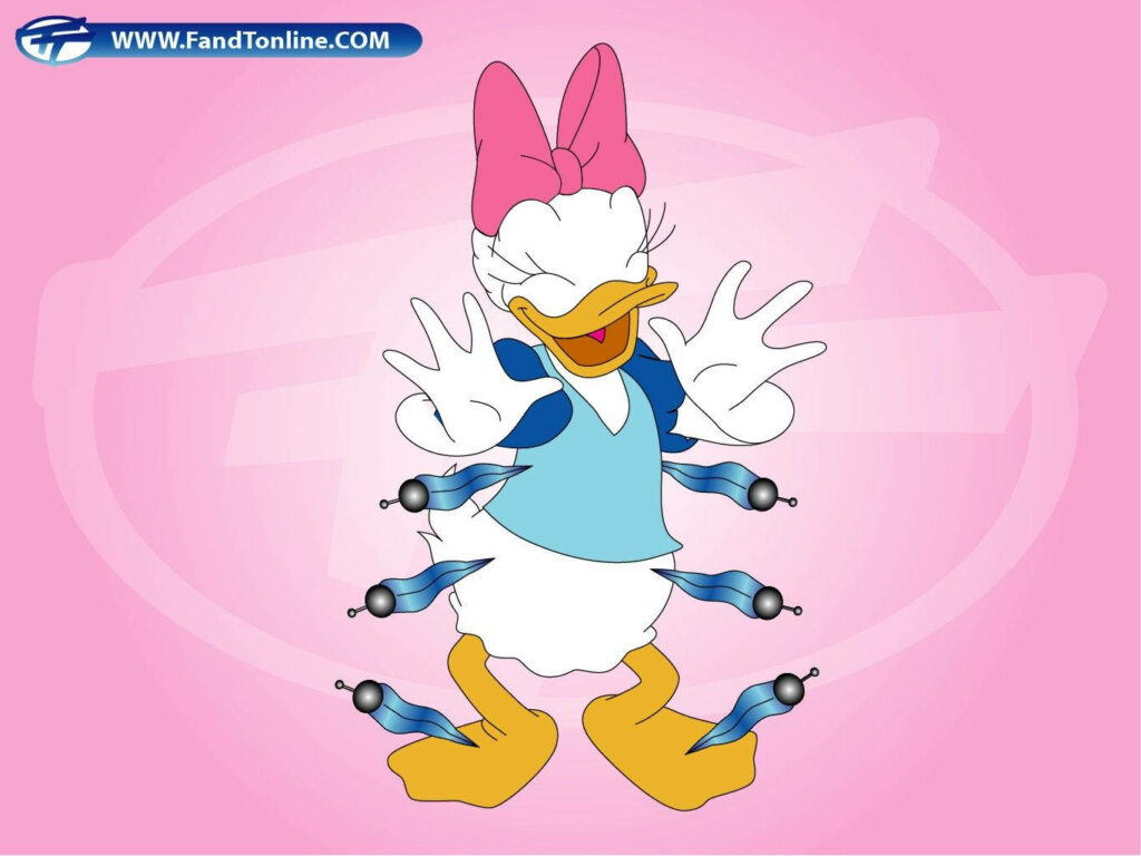 Daisy Duck laughing while tickled by cartoon feathers on cheerful pink wallpaper background