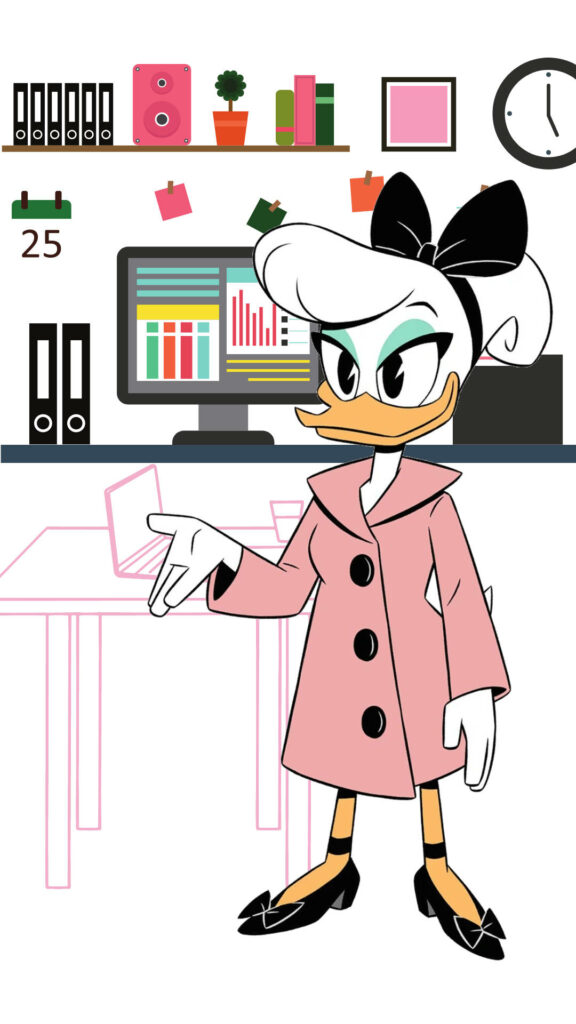 Daisy Duck office girl wallpaper vibrant workspace charts clock shelves pastel professional