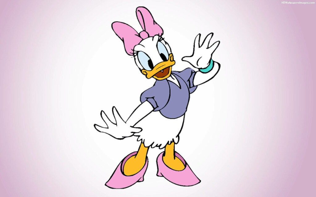 Daisy Duck confident model pose pink bow purple top heels vibrant Disney wallpaper background