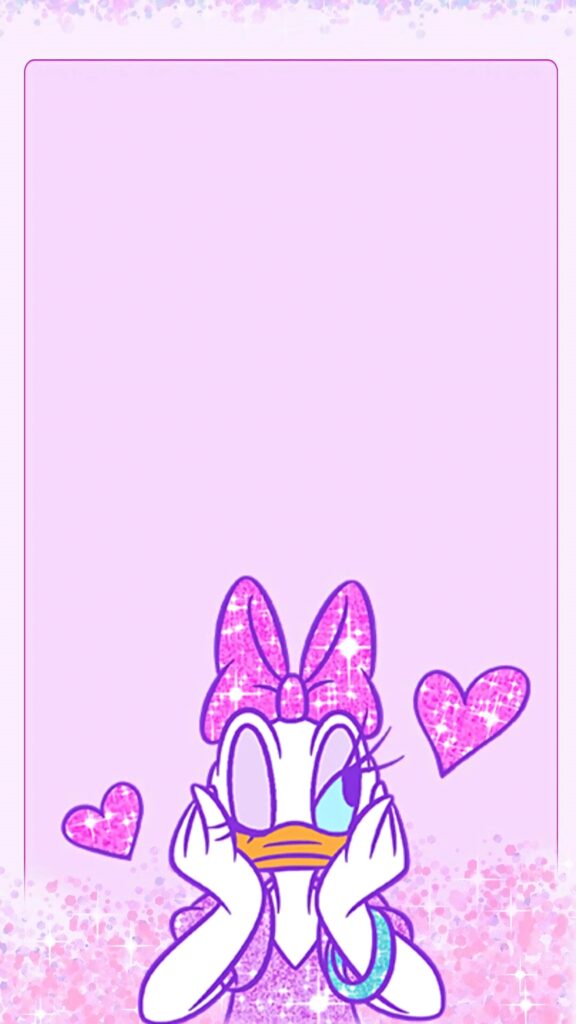 Daisy Duck wallpaper with sparkling pink ribbon glittery hearts pastel pink background design