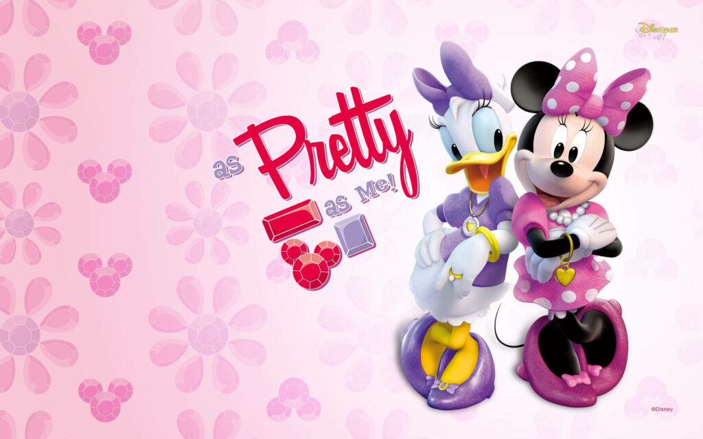 Daisy Duck and Minnie Mouse in stylish outfits on pink floral Disney cartoon wallpaper background