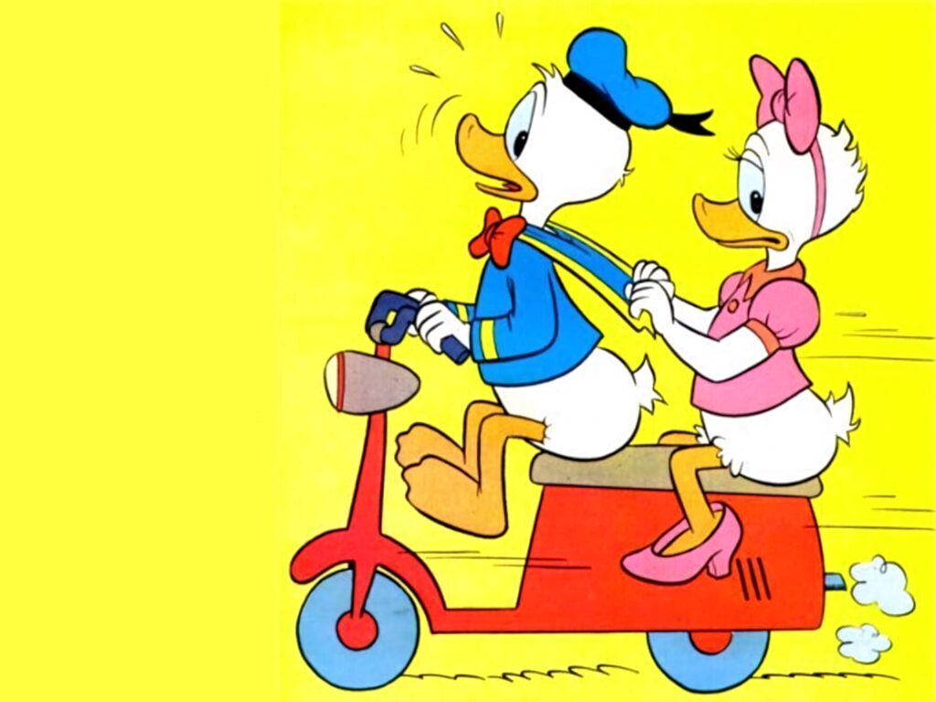 Daisy and Donald Duck riding red motorcycle vibrant yellow background classic cartoon wallpaper