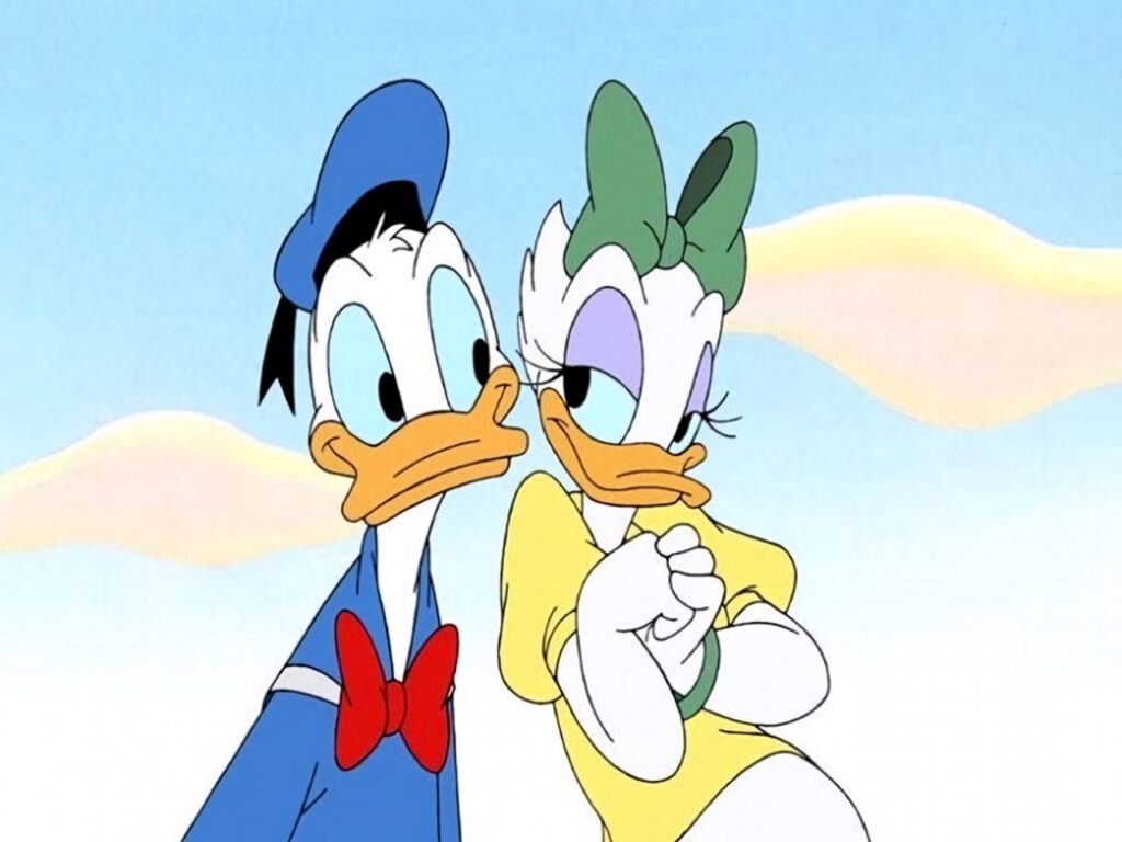 Daisy Duck lovingly gazes at Donald Duck pastel cartoon wallpaper romantic sky background