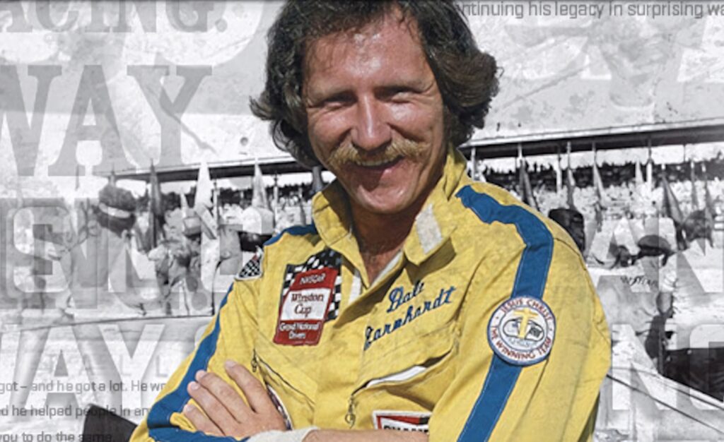 Dale Earnhardt in vintage yellow racing suit with sponsor patches retro racing wallpaper background