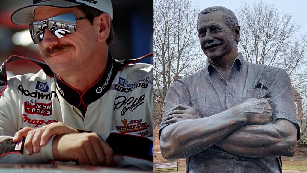 Split image wallpaper of NASCAR legend Dale Earnhardt and bronze statue of Ralph Earnhardt background