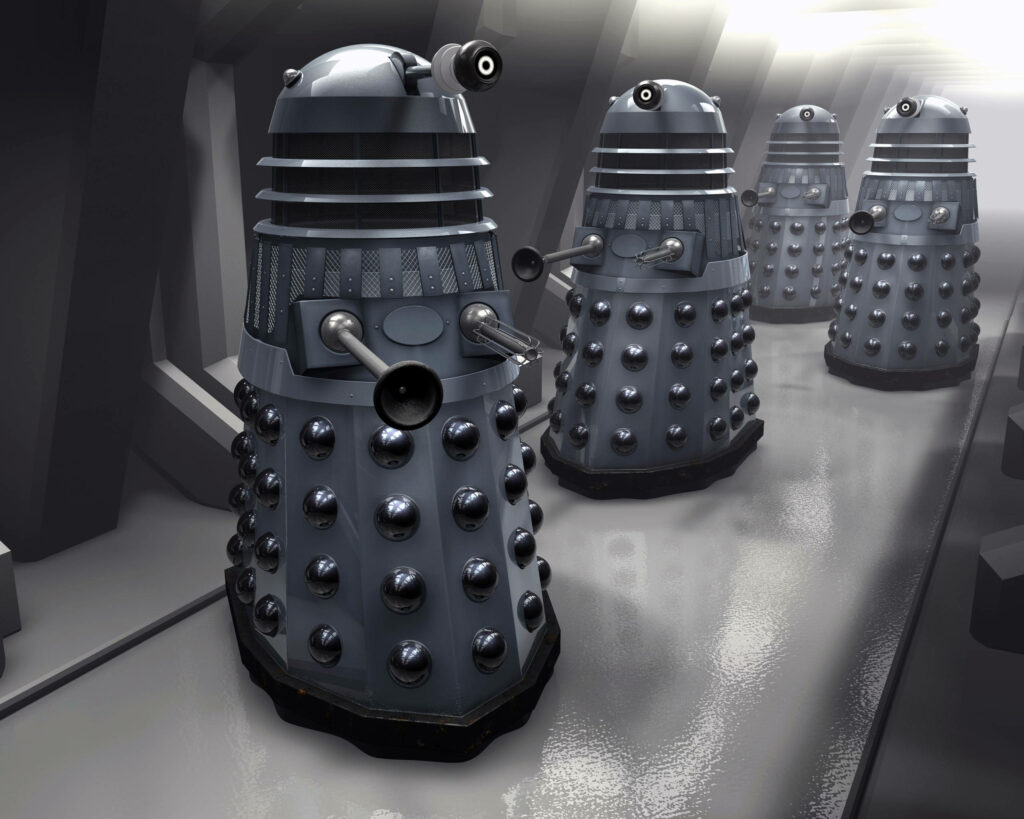 Daleks in a Futuristic Setting: Intense Doctor Who Wallpaper Background