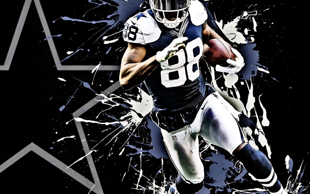 Dallas Cowboys player in action on black background with blue and white star wallpaper design