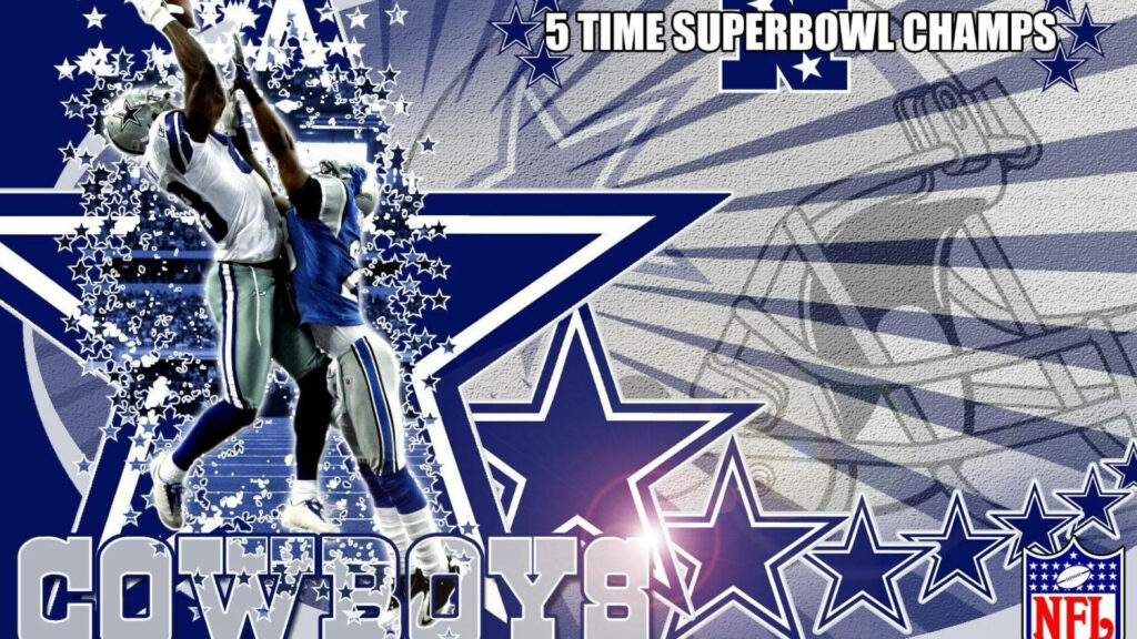 Dallas Cowboys players battling for the ball with blue star backdrop in vibrant action wallpaper
