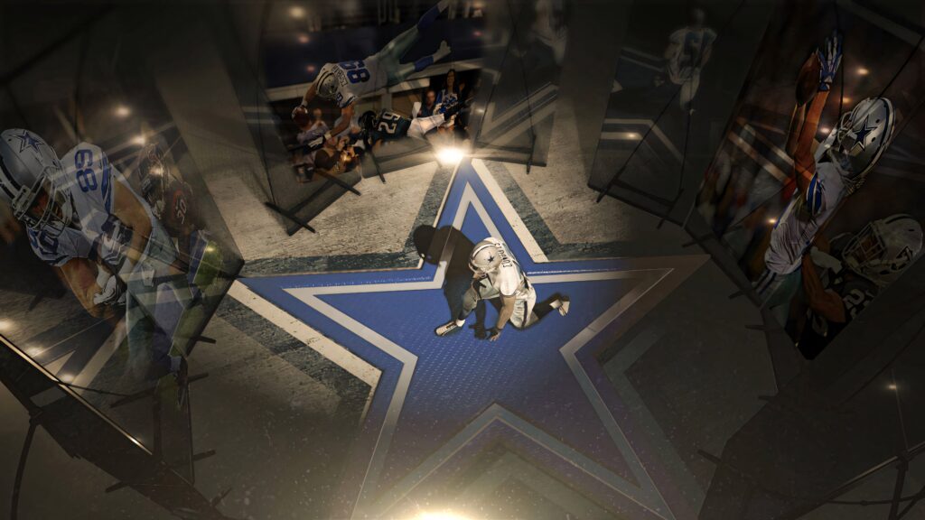 Dallas Cowboys player kneeling on blue star field with illuminated action shot panels background wallpaper