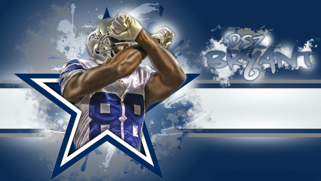 Dez Bryant Bursting through the Dallas Cowboys Logo: A Dynamic Wallpaper Exuding Team Spirit