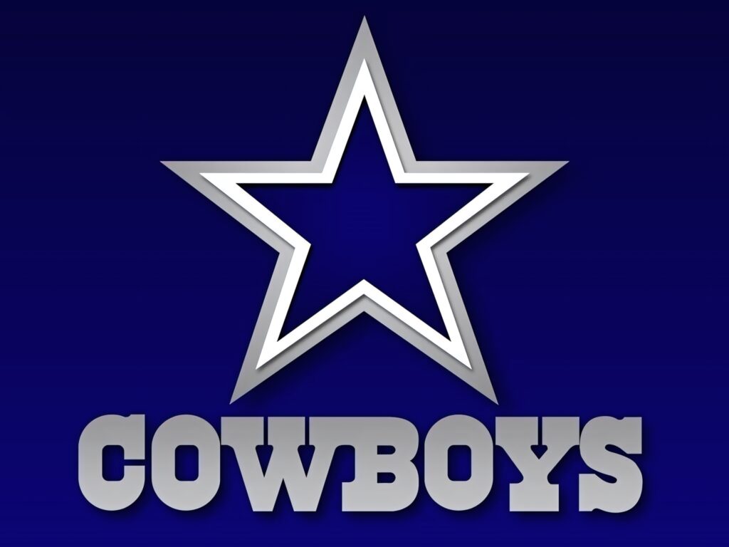 Dallas Cowboys star logo with silver white outlines and metallic text on blue gradient background Wallpaper