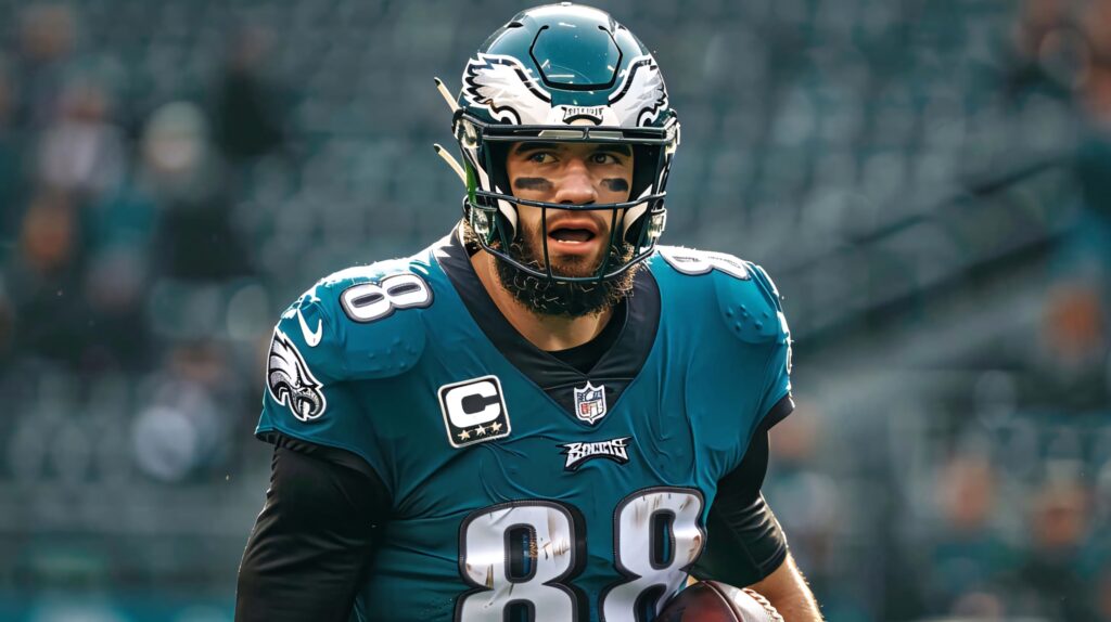 Dallas Goedert in Eagles jersey 88 focused on field showing determination and athletic build Wallpaper