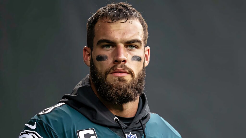 Dallas Goedert professional football player portrait in uniform with intense focused expression wallpaper
