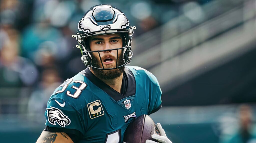 Dallas Goedert in Philadelphia Eagles captain uniform showing intensity on blurred stadium field Wallpaper