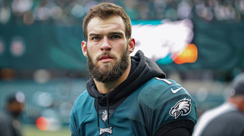 Dallas Goedert in Philadelphia Eagles jersey focused on field vivid stadium green wallpaper background