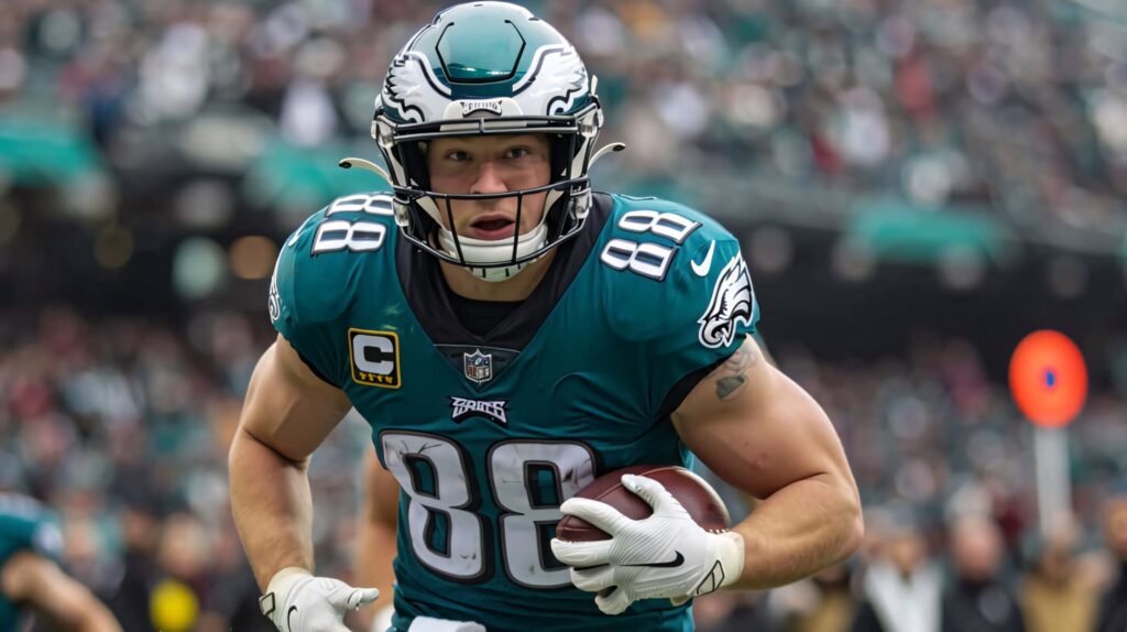 Dallas Goedert Philadelphia Eagles running with football vivid green white stadium action wallpaper