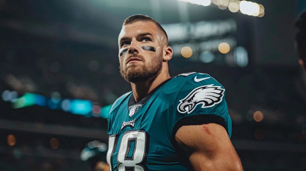 Dallas Goedert in Philadelphia Eagles uniform focused under stadium lights vibrant green blue background Wallpaper